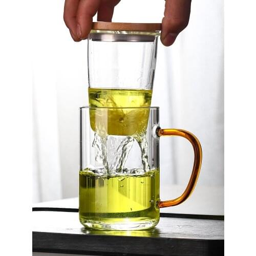 Glass tea cup office teacup wooden cover tea drinking belt thickened high temperature resistant water cup teaware