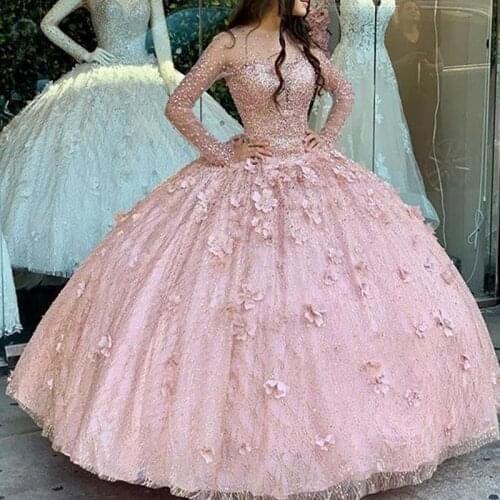 Light Blue rose gold Ball Gown Quinceanera Dresses Bridal Gowns jewel neck Long Sleeve Sweet 16 Dress vestidos de xv años anos