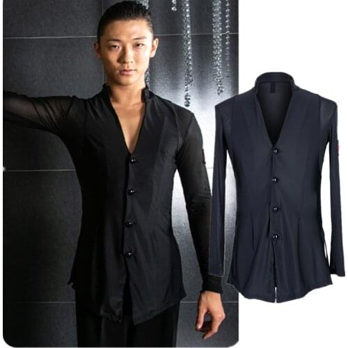 Latin Dance Top Male Black Long Sleeve Sexy V-Neck Ballroom Latin Men Shirt Salsa Tango Competition Performance Dancewear