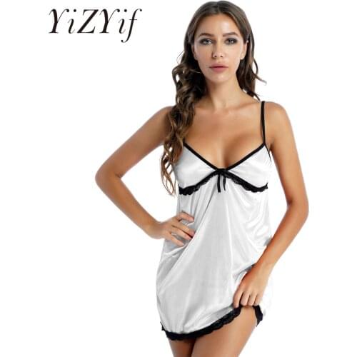 Womens Sexy LingerieV Neck Bowknot Lace Adorn Dress with G-String Thong Briefs Set Ladies See-through Mesh Nightwear Sleepwear