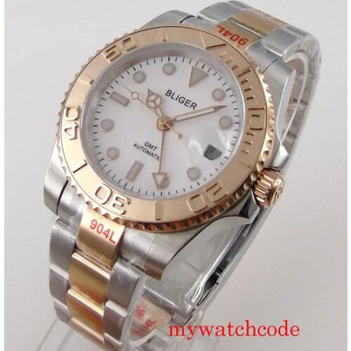 Bliger 40mm GMT Automatic Watch Sapphire Glass Date ROtating Bezel 904L Oyster Band Solid Back