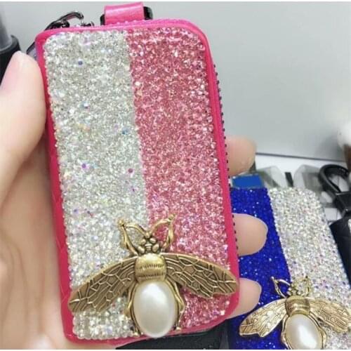 Diamond encrusted key case protective case lovely cartoon bee key chain storage bag shiny car key wallet mini card bag pink gift