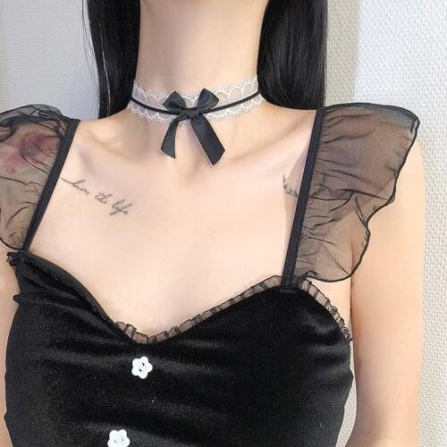 Retro White Black Lace Choker Necklace for Women Harajuku Gothic Dark Girl Bow Sweet Collar Necklace Party Female Jewelry