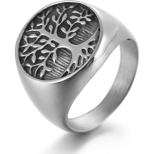 Tree Rings for Men Punk Stainless Steel Titanium Tree of Life Ring Silver Color Family Tree Rings Punk Rock Male Jewelry