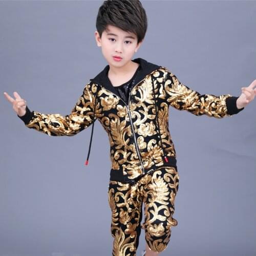 Jazz Costumes Golden Sequined Jacket Pants Boys Dance Outfit Street Dancewear Trend Model Catwalk Show Hip Hop Clothes DNV11837
