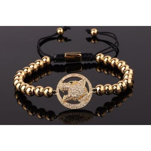Classic Design Stainless Steel Beads CZ Pave Leopard Charm Handmade Macrame Friendship Bracelet Men Women