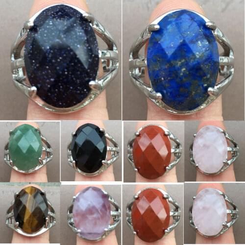 Faceted Crystal Tiger Eye Lapis Lazuli Aventurine Carnelian Blue Sand Oval Art Women Men Bead Ring 6.5~12" US Adjust WFH772