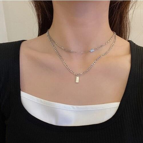 Fashion Statement Necklace Women Simple Letter Square Pendant Double Collarbone Chain Charm Personality Jewelry Accessories