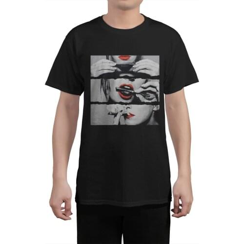 New T-shirt men printed blunt red lips smoking T-shirt cotton top tee