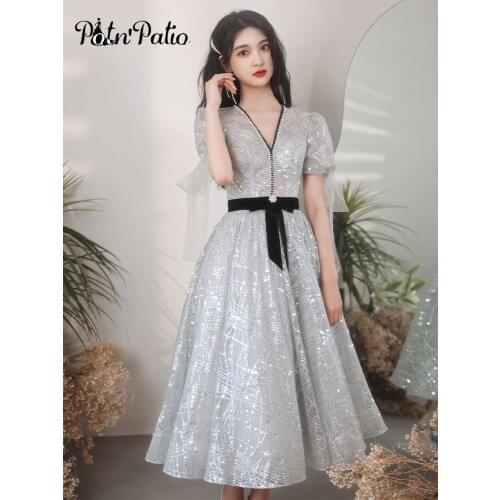 2021 New Summer Gray Evening Dresses V-neck A-line Tea-length Sequin Tulle Long Women Formal Dresses Plus Size