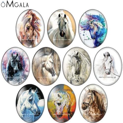 New Watercolor Horse Animals Art Paintings 13x18mm/18x25mm/30x40mm Oval photo glass cabochon flat back Making findings