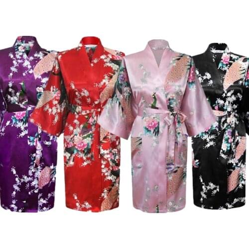 Kimono Dress Japanese Style Peacock Floral Print Satin Loose Traditional sleepwear Haori Asian Clothes Pajamas Bathing Robe
