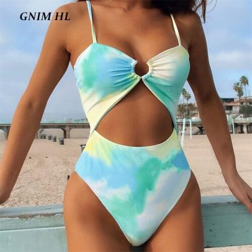 GNIM Sexy Tie-Dye Swimsuit Women One-Piece Hollow Out Swimwear Push Up Summer Beachwear 2021 New Swimming Suit For Women Biquini