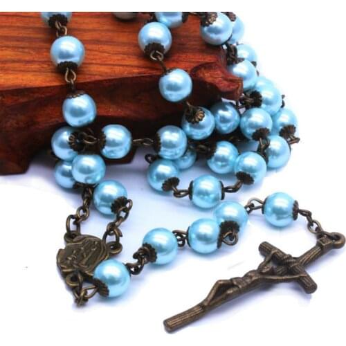 Blue Pearl Rosary Catholic Christian prayer cross necklace jewelry supplies
