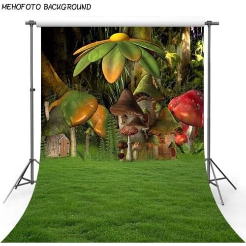 Fairytale Forest Backdrops for Newborn Photography 5x7ft Green Glass Photo Backgrounds Mushroom Background for Birthday Party