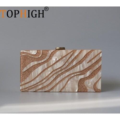 TOPHIGH Wallets Brand Fashion Golden Acrylic Evening Bag For Women 2021Clutch Purse Striped Patchwork Party Prom Handbag