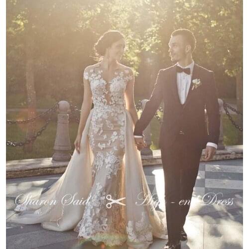 Vintage Lace Mermaid Wedding Dress With Detachable Train 2021 Sexy Open Back Overskirt Bridal Gowns Classcial Wedding Dresses