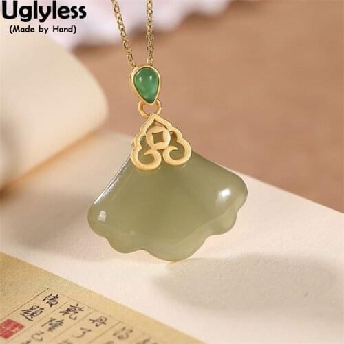 Uglyless Classic Gemstones Ginkgo Leaf Pendants for Women Natural Jade Necklaces No Chains Real 925 Silver Ethnic Dress Jewelry