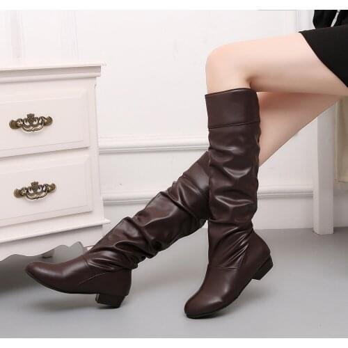 Women Leahter Knee High Boots Fashion Folding Slip on Winter High Boots Casual Low Heels White Black Long Slim Boots Ladies 2020