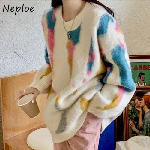 Neploe Hit Color Patchwork Knit Warm Sweater Women O Neck Pullover Long Sleeve Warm Pull Femme Winter 2021 New Sueter Warm