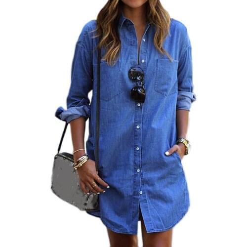 Women 2021 Autumn Denim Mini Dress Female Casual Loose Long Sleeve Vintage Shirt Dresses Vestidos Long Blouses Tops