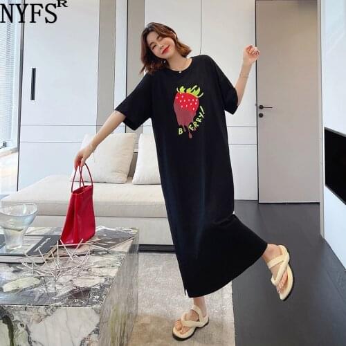 NYFS Summer Dress 2021 Korean New Short Sleeve Woman Dress Vestidos Robe Elbise Fashion Big strawberry Printing Long Dress