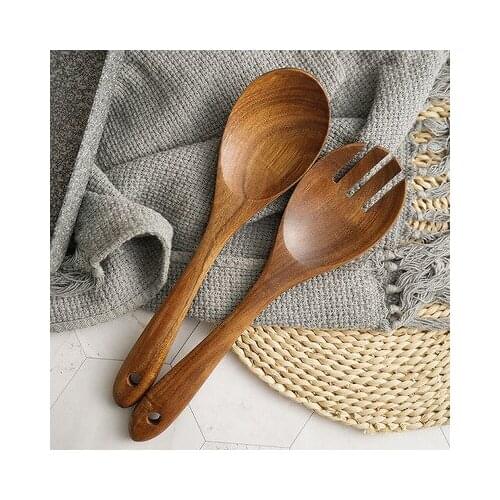 1/2Pcs Wooden Salad Spoon Fork Large Serving Spoon Set Salad Server Wood Kitchen Utensils Long Handle Soup Spoon Ladle Tableware