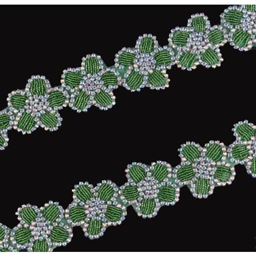 10Yard Top Grade Beaded Green Rhinestone Applique Trim Sew-on Flower Crystal Rhinestone Patch Trimming For DIY Wedding Hair
