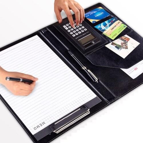 A4 PU Leather Business Padfolio Organizer Vintage Binder Business Manager Document Pads Office File Folder with Calculator