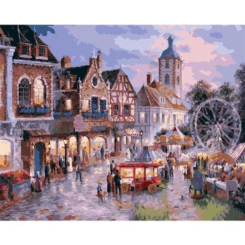 DIY Digital Painting By Numbers Package Evening town scen dog oil painting mural Kits Coloring Wall Art Picture Gift frameless