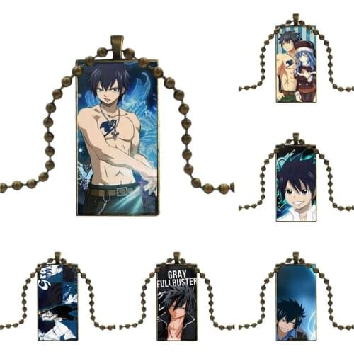 Design Fashion Vintage Glass Women Rectangle Necklace Pendants For Girls Wholesale Awesome Cartoon Fairy Tail Gray