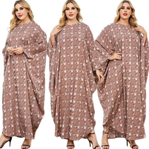 Caftan Floral Printed Long Dress Women Arab Abaya Muslim Ramadan Islamic Vestido Batwing Sleeve Middle East Loose Casual Fashion