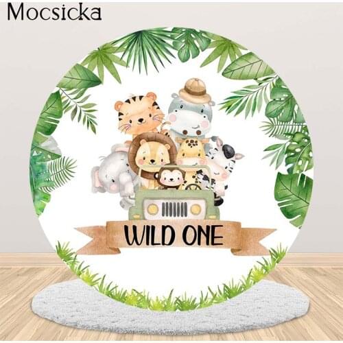 Wild One 1st Birthday Party Photography Backdrop Jungle Zoo Animals Car Baby Photo Background Round Circle Cover Photo Studio