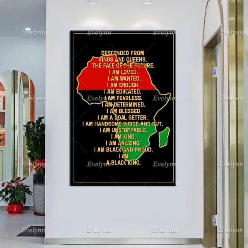 I Am Black King Canvas, Africa Map Wall Art,Afro Kings Poster,Black King Pride Prints, African Flag Color Home Decor Unique Gift