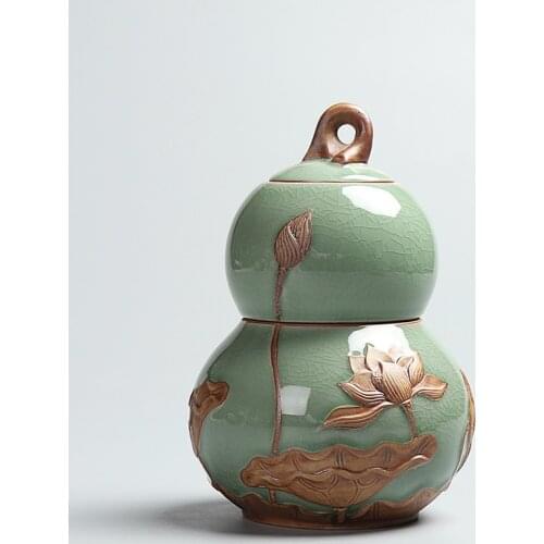 PINNY Embossed Lotus Ceramic Tea Cans Cute Gourd Shape Tea Caddy Tea Ceremony Accessories Two Layers Sealed Storage Jars