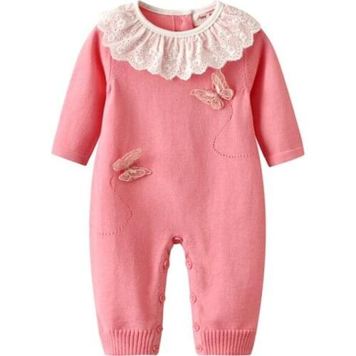 Newborn Baby Girls Lace Ruffle 3D Butterfly Long Sleeve Knit Rompers Jumpsuits Rose Red Baby Outfits 3 6 9 12 18 Months