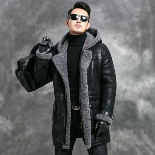 Sheep Shearling Jacket Men Winter Real Fur Coat Mens Genuine Leather Jacket Hooded Vintage Long Thick Leather Coats 4670 KJ3583