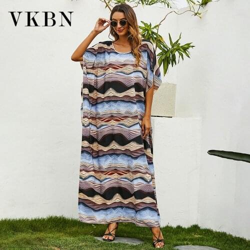 VKBN Summer Dress Casual 2021 O Neck Batwing Sleeve Fashion Printing Loose Party Plus Size Evening Striped Maxi Dress