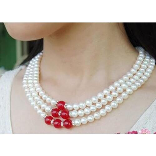 Fashion 3Rows Natural 7-8mm White akoya cultured pearl & Red Beads necklace