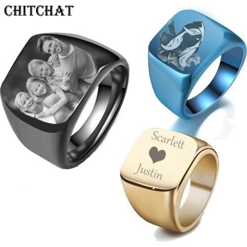 Personalized Customized Engrave Name Photo Ring Stainless Steel Mens Signet Rings Family Photo Male Engagement Wedding Rings