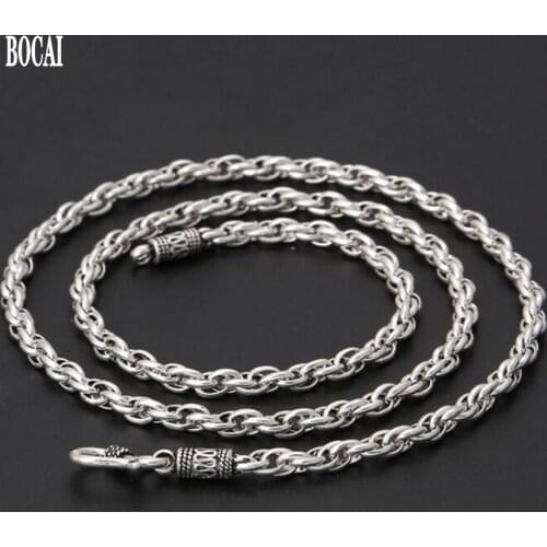 2019 New 100% real S925 pure silver jewelry retro Thai silver necklace for Man 4mm twisted twine simple mens silver necklace