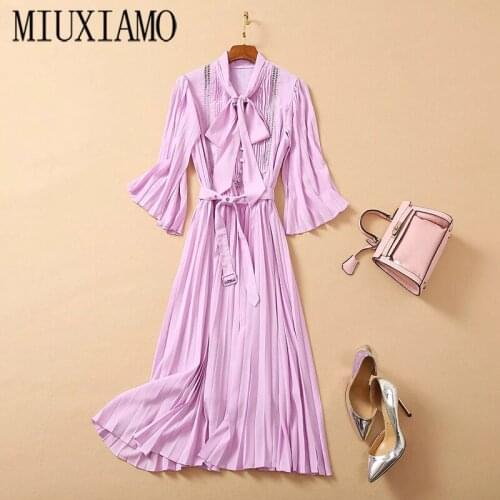 MIUXIMAO 2020 Fall Newest Half Sleeve Elegant Silm Casual Pleated Violet Long Dress Women Vestidos With Bow