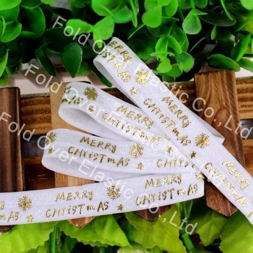 New foe 5/8" gold foil merry christmas printed fold over elastic 029 white foe elastic 50yards/lot wholesale