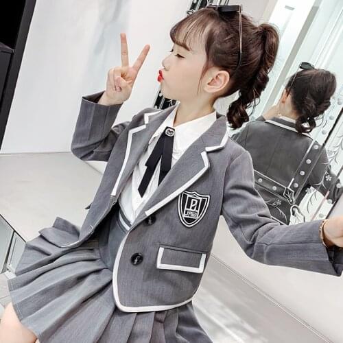 Formal Western Suit Pleated Skirt For Girls Clothes Set Gray School Uniforms For 4 5 6 7 8 9 10 11 12 13 Years Kids Girls Outfit