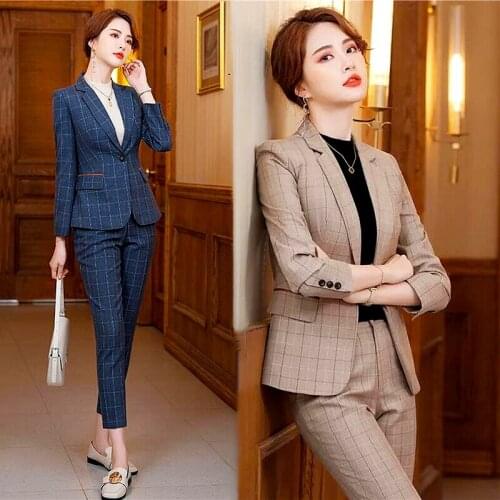 Office Ladies Business Wear Womens Suits Vogue Plaids Long Sleeved Slim Blazer Womens Tops And Trousers Vintage Clothes LS101