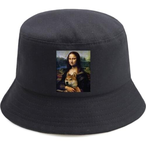 Mona Lisa And Dog Print Casual Bucket Hat Summer Fashion Streetwear Black Cap Sunshade Fisherman Hat Man Woman Panama Bucket Hat