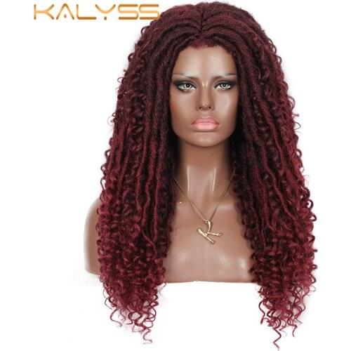 Kalyss 24 Inches Red Wig Synthetic Braids Wigs full wig Middle full wig Parted Loc Braided Wigs with Curly Ends for women