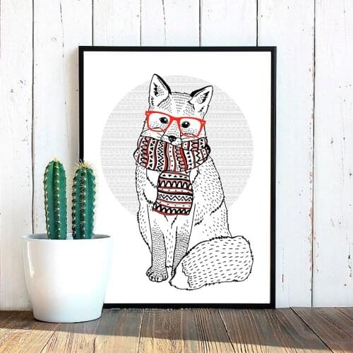 Cute Winter Fox Wearing Hipster Glasses And Scarf Wall Art Print Poster Trendy Animals Canvas Painting Pictures Art Wall Decor