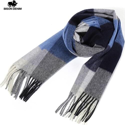 BISON DENIM 100% Genuine Wool Mens Scarf Thicken Warm Winter Scarf Windproof High Quality Fashion Scarf for Men K0038