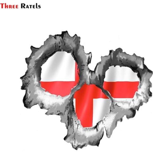Three Ratels FC18 Bullet Hole Torn Metal 3 Shots With England English Flag Car Sticker PVC Decal For Motorcycle Wall